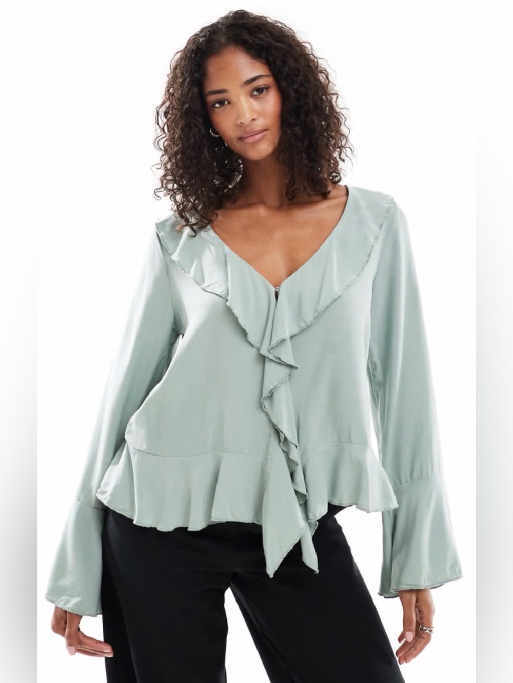 Vero Moda VMMERRY Iceberg Green Ruffle Bell Sleeve Boho Blouse Size XS